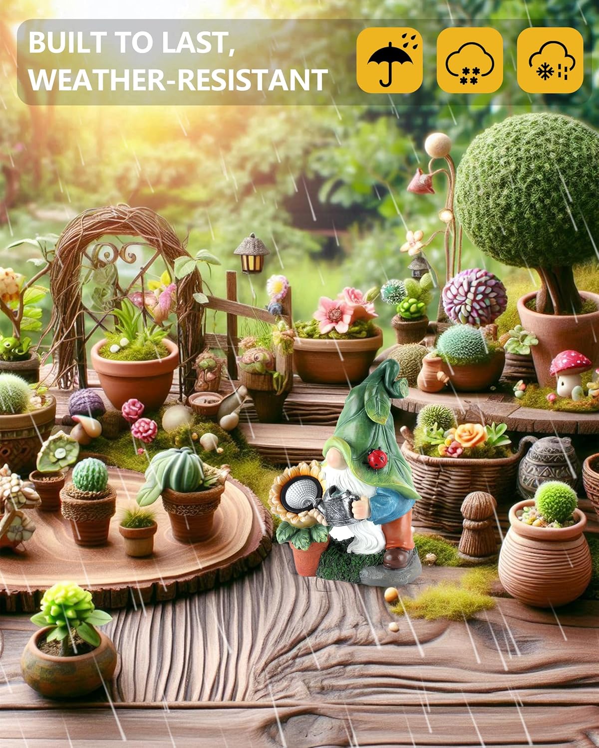 Solar-Powered Large Garden Gnome Watering Can Sunflower - 12 in Garden Decor Gnomes Decorations for Yard Lawn Ornaments Outside Statue Figurine LED Lights (Gnome)