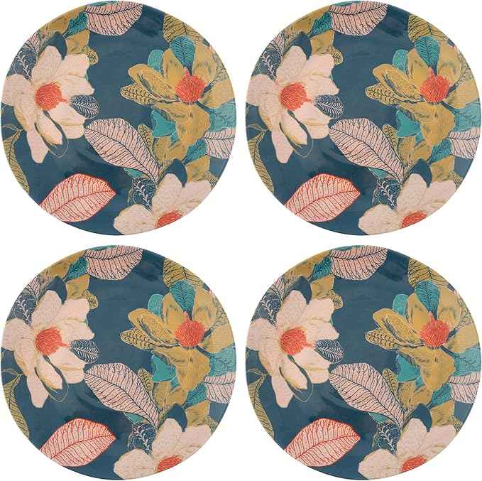 Karma, 8.75 inches Melamine Salad Plates Set of 4, Reusable Dishwasher Safe Plates for Outdoor and Indoor, Seaside Floral