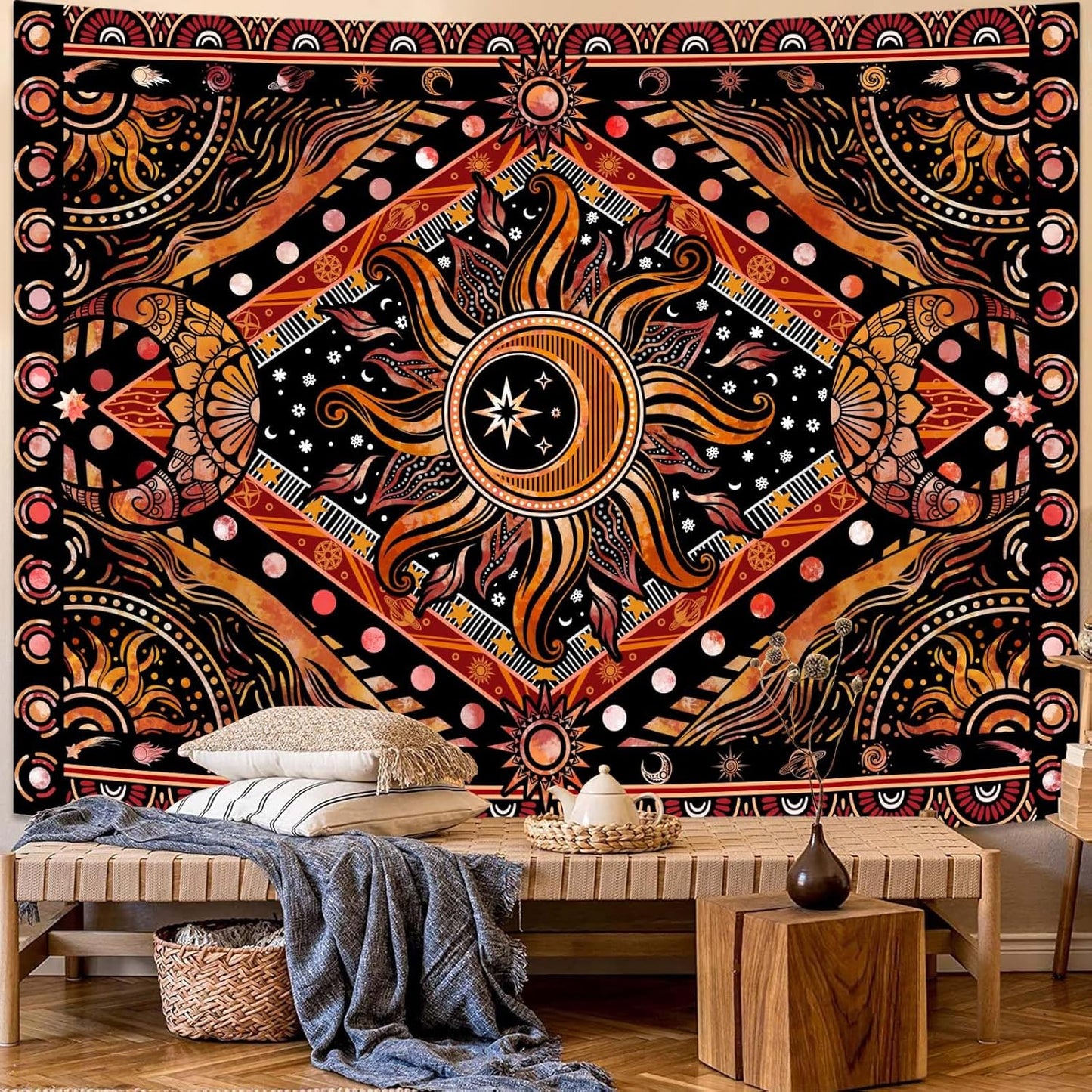 Lunerfex Hippie Sun and Moon Tapestry Bohemian Celestial Tapestry Aesthetic Tapestries for Bedroom and Living Room Decor Sun and Moon 60×80 Inches
