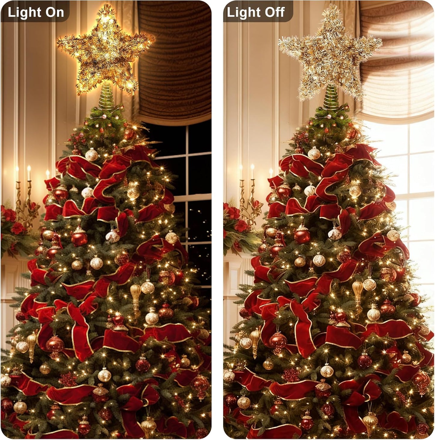 LAWOHO Christmas Tree Topper Star, Vintage Christmas Decor, 10 Inch Shiny Golden Christmas Tree Decoration with 6H Timer, 50 Warm LED Lights for Xmas Tree, Holiday & Party, Indoor Decor