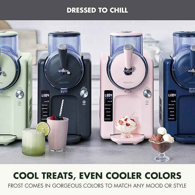 GreenPan Frost Ice Cream Maker & Slushie Machine, Soft Serve, Sorbet, Margaritas, Milkshakes, Frozen Yogurt, No Pre-Freezing, Ready in 15 Mins, 6 Modes, 7 Textures, Self-Cleaning, Family Size, Gray