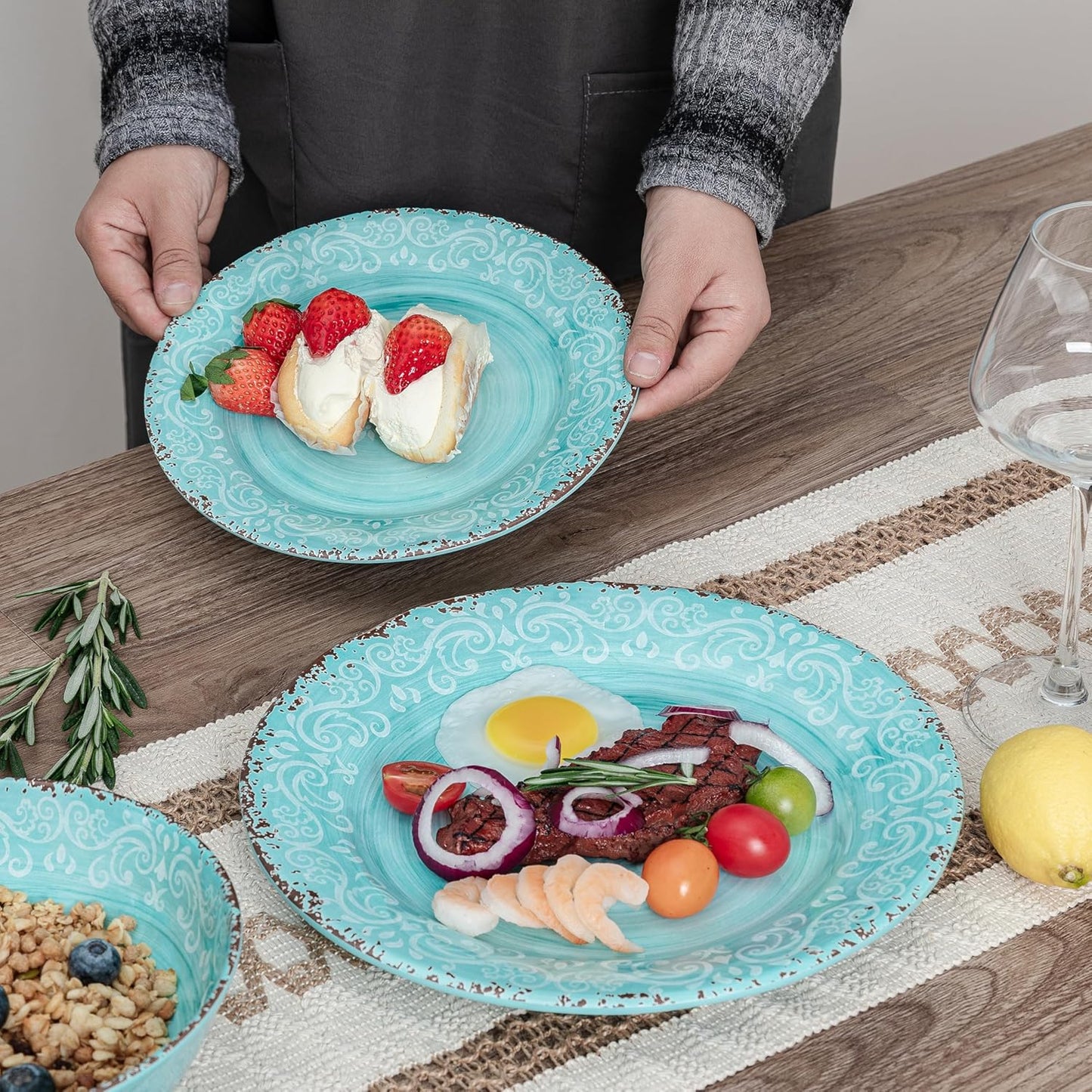 12-Piece Farmhouse Dinnerware Set, set of 4, 100% Melamine Dishes Serving Set with Plates and Bowls, Non-breakable and Lightweight Dinner Set for indoor and outdoor entertaining, Light Teal
