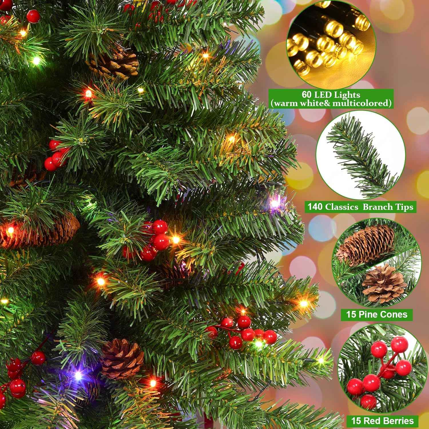 2 Pack 4 Ft Artificial Potted Christmas Tree with 60 LED Lights,Warm White and Colored Changing,8 Lighting Mode&Timer,Mini Small Xmas Tree, Battery Operated,Outdoor Front Door Porch Home Decoration