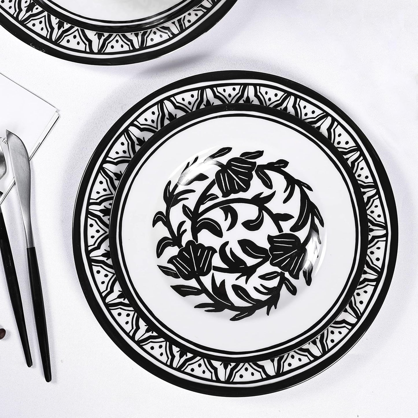Melamine Dinnerware Sets-12pcs Melamine Plates and Bowls Set, Unbreakable, Dishwasher Safe, Indoor Outdoor Use, Ideals for Parties, Camping Dish Set, Black and White Pattern