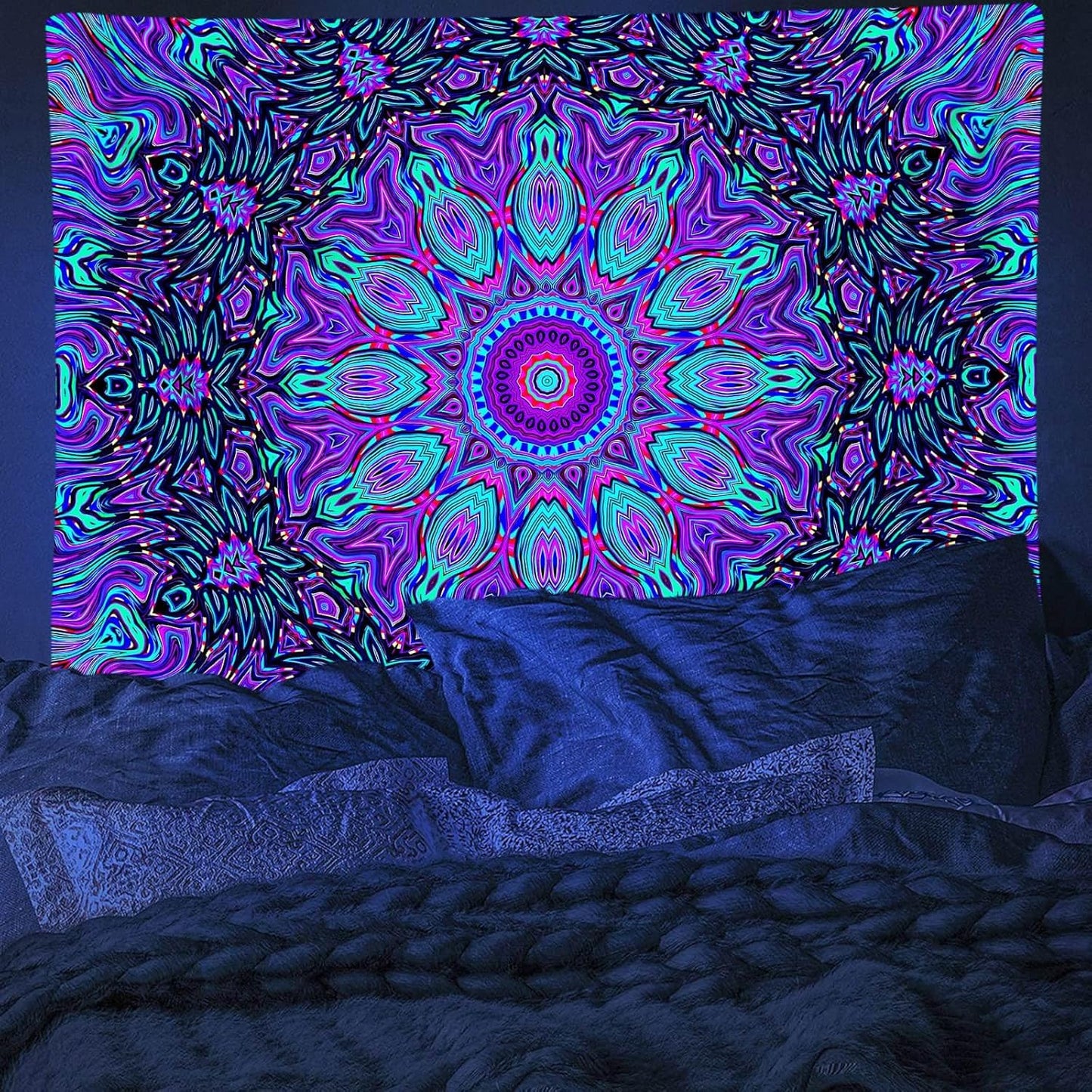 PSYHILAR Blacklight Mandala Tapestry for Bedroom, Psychedelic Black Light Posters for Adults and Teens, Neon UV Reactive Aesthetic Bohemian Art Wall Hanging Decor (60 x 50 Inches)