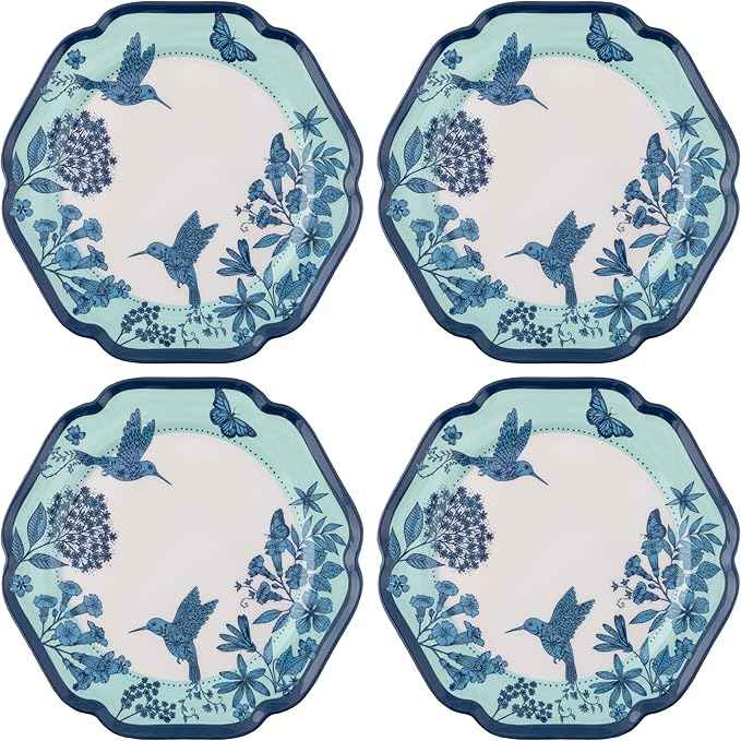 Karma, 8.75 inches Melamine Salad Plates Set of 4, Reusable Dishwasher Safe Plates for Outdoor and Indoor, Hummingbirds