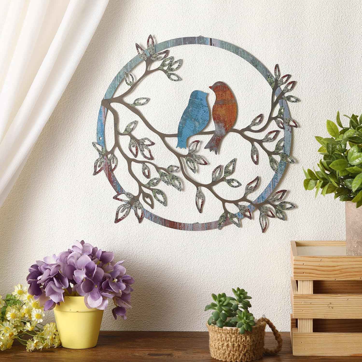 Ferraycle Metal Wall Art Bird on Tree Branch Silhouette Bird Hanging Ornament Porch Wall Decor for Living Room Outdoor Garden Bedroom Office Housewarming Party Decoration(Retro Color)