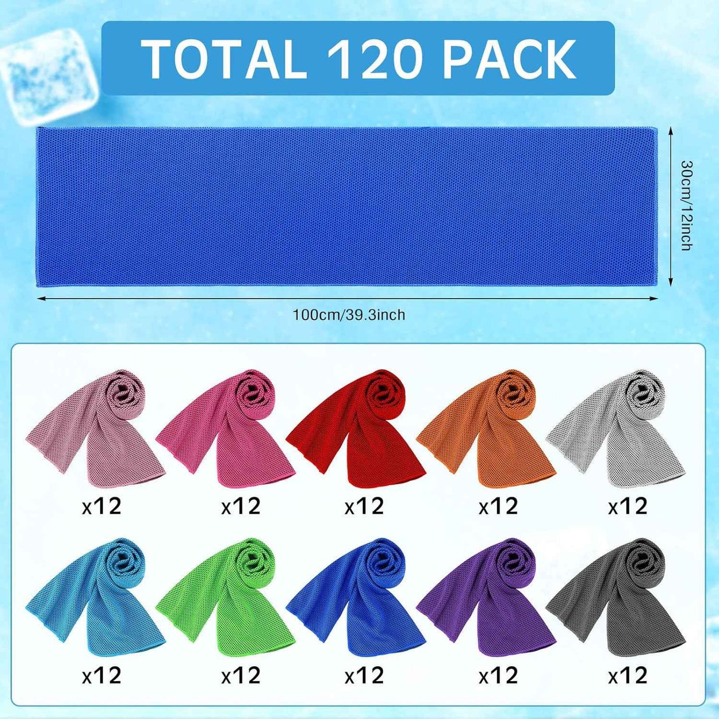 Maitys 120 Pcs Microfiber Ice Towel, Cooling Cold Comfortable Towels for Neck and Face Breathable Chilly Towel for Yoga, Sport, Gym, Workout, Camping and Activities(Multicolor,11.8 x 31.5 Inches)