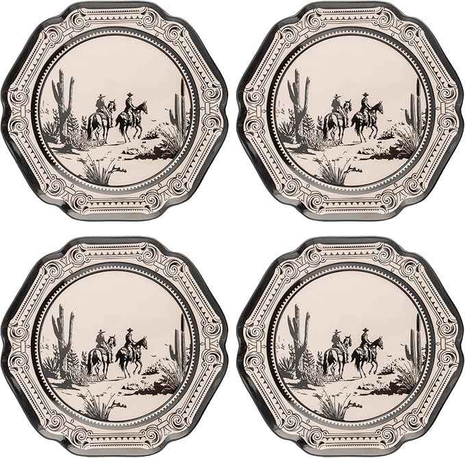 Karma, 8.75 inches Melamine Salad Plates Set of 4, Reusable Dishwasher Safe Plates for Outdoor and Indoor, Gothic Cowboy