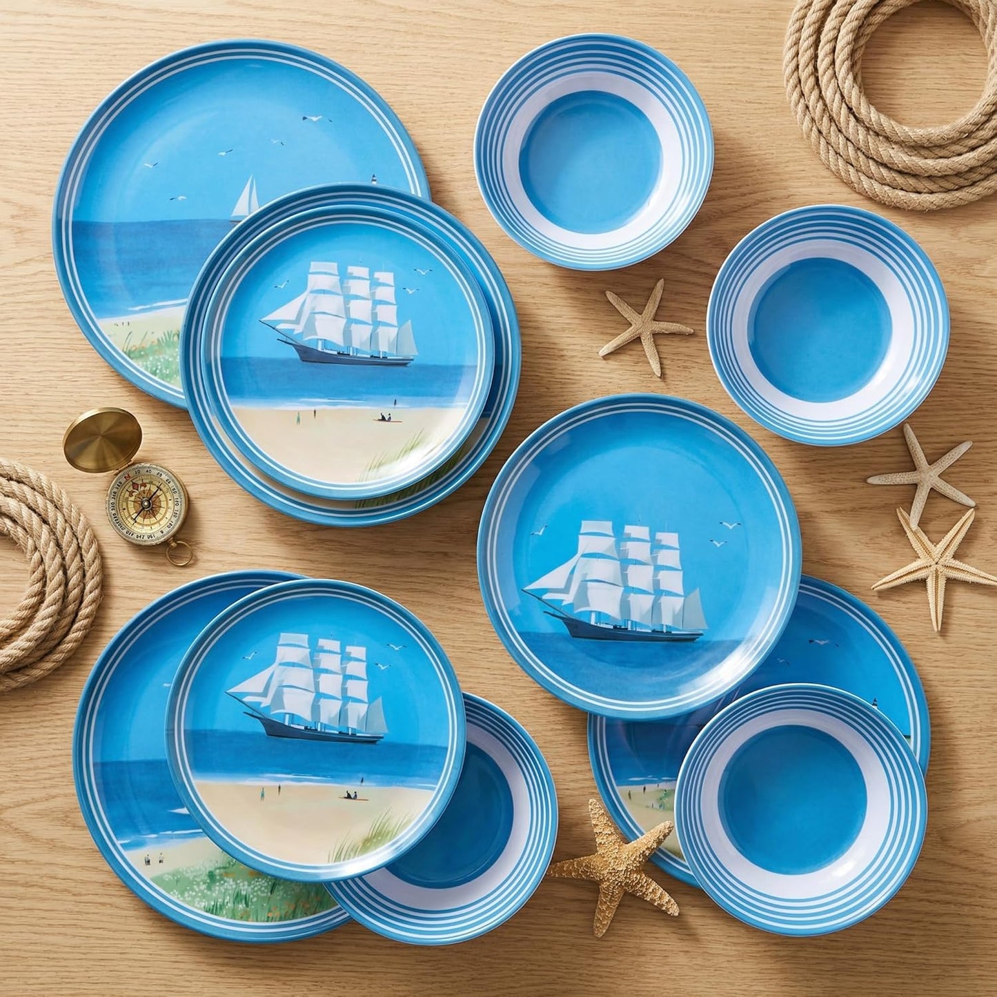 Outdoor Melamine Dinnerware Set 12-Piece, Beach Sailing Pattern Unbreakable Plates & Bowls, Dishwasher Safe Lightweight for Picnic Pool Party Camping（Sailboat）