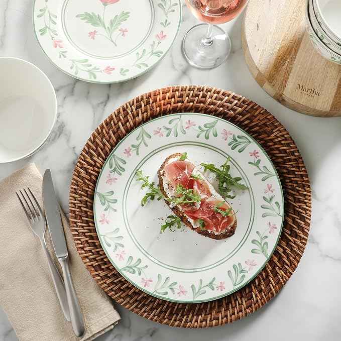 Martha Stewart Maiden Crown Plates and Bowls Sets, 12-Piece New Bone China Dinnerware Sets, Botanical Floral Design Dish Set, Microwave & Dishwasher Safe