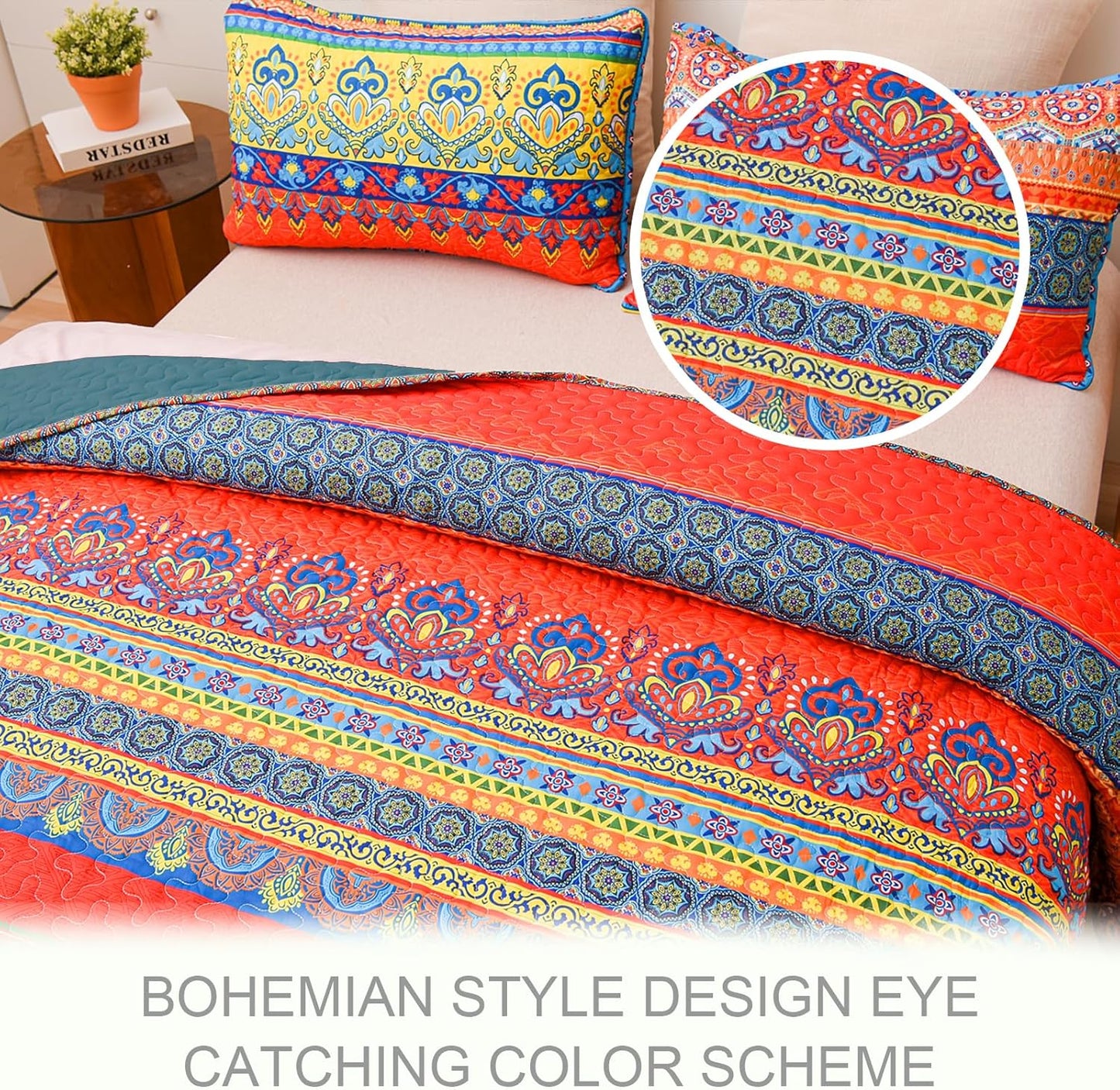 Exclusivo Mezcla Reversible Boho Quilt Set Twin Size, 2 Pieces Bohemian Blue All Season Bedspreads, Ultra Soft Floral Coverlet Bedding Set with Printed Pattern (1 Quilt, 1 Pillow Sham)