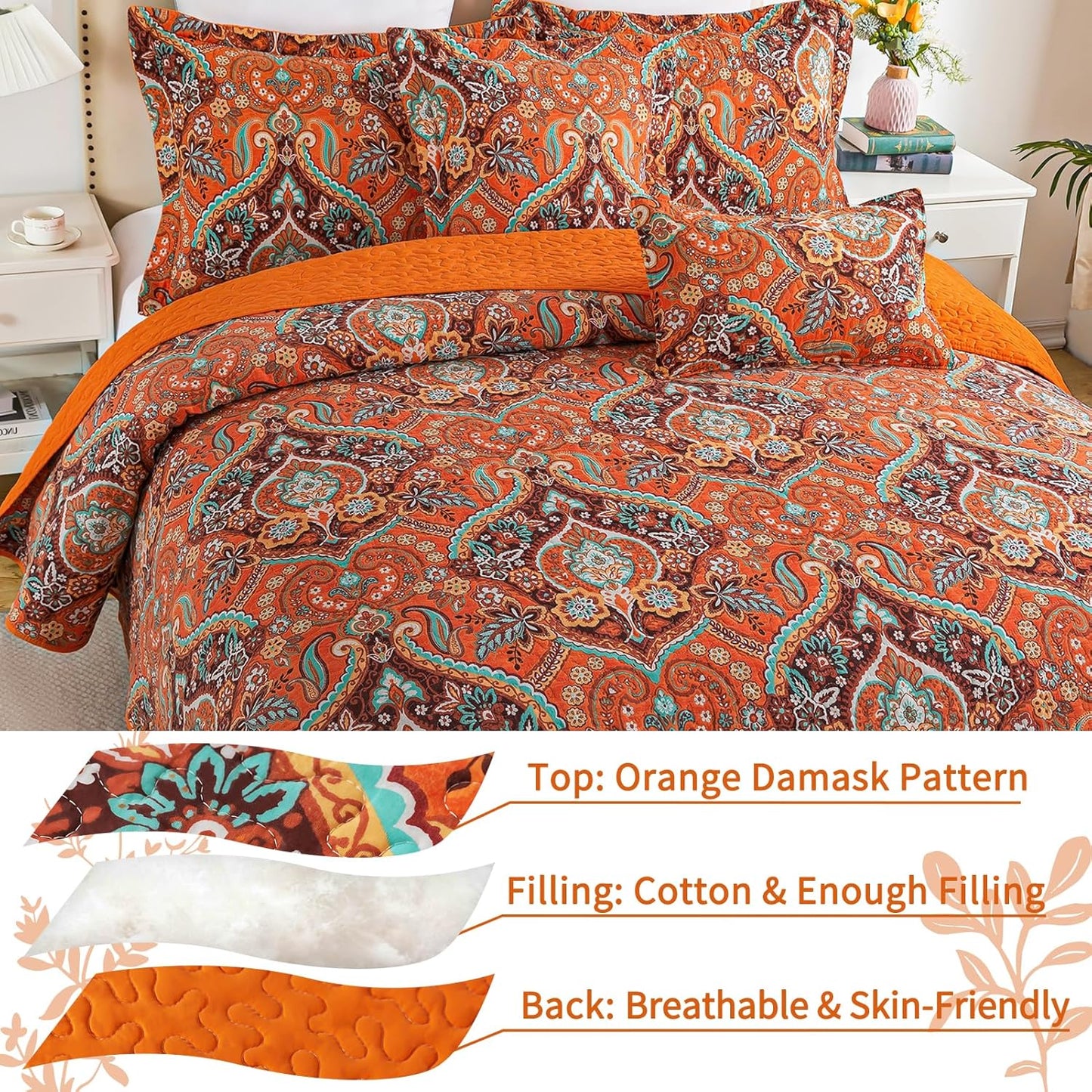 VAPUTAR Cotton Quilts Queen Size, Queen Quilt Bedding Set with Bohemian Damask Pattern-3 Pieces Lightweight Soft Bedspread Queen Size Coverlet (90 * 98 in) Suitable for All Season (Light Orange)