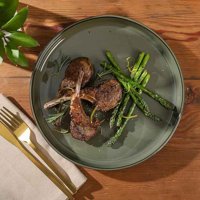 Gibson Elite 12 Piece (Service for 4) Townscape Plates and Bowls Reactive Glaze Embossed Round Dishes Terracotta Ceramic Dinnerware Set - Dark Green