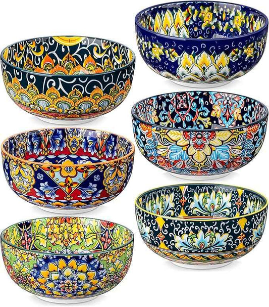 vancasso Cereal Bowls Set of 6, Bohemian Ceramic Soup Bowls, 28 oz Colorful Bowls Set for Kitchen, Dishwasher & Microwave Safe for Salad, Pasta, Rice, Oatmeal, Fruit