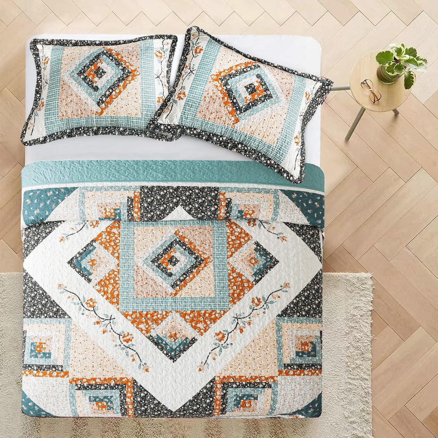 VAPUTAR Queen Size Bedding Set - 3 Pieces, Boho Quilt, Lightweight Reversible Coverlet Bedspread for Farmhouse Bedroom (Floral)