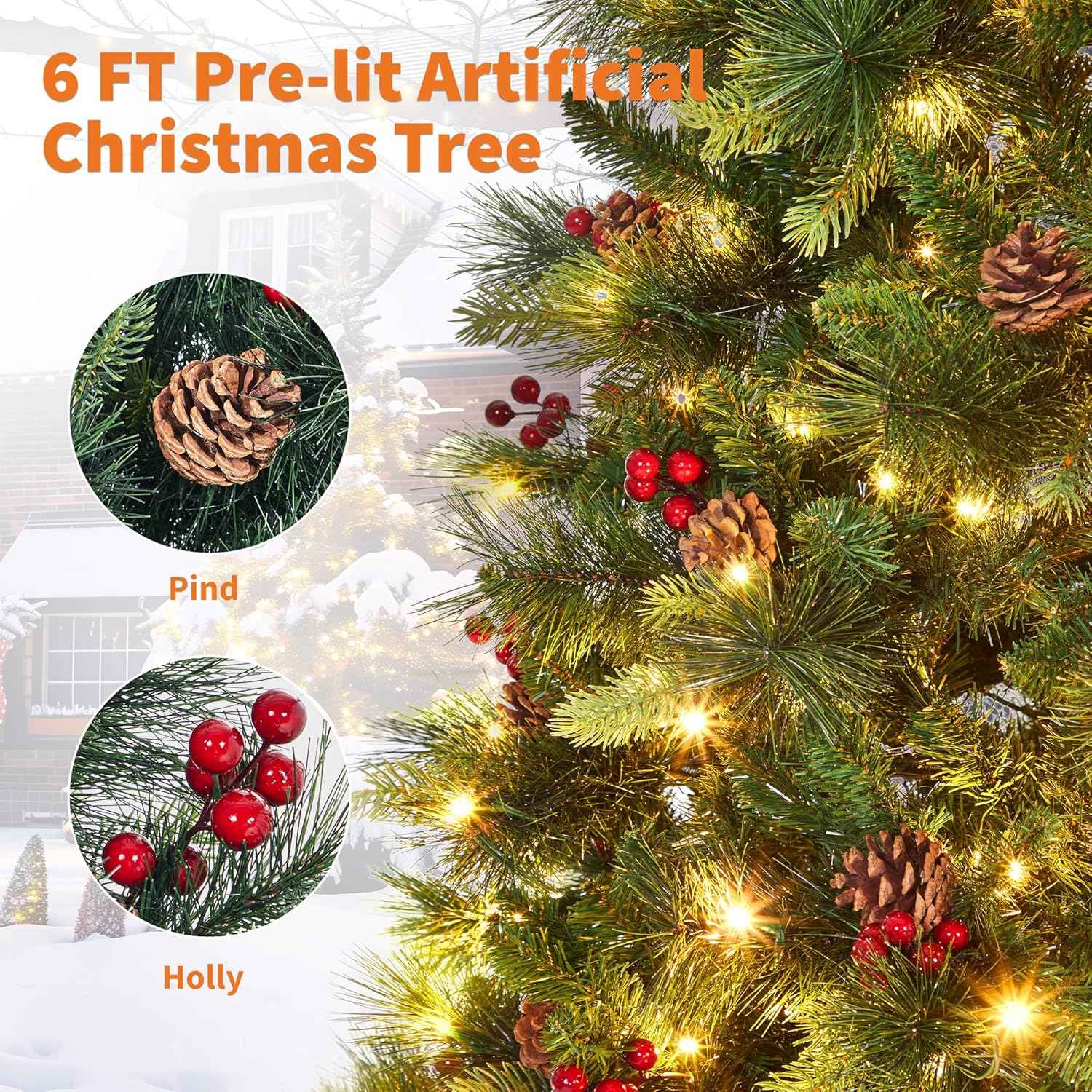 6 Ft Pre-lit Artificial Christmas Tree,Spruce Prelit Christmas Trees for Home,Office,Party Thickened PE&PVC Branch Tips & UL Listed Lights Incandescent Warm White,Fire-Resistant Automatic Branches