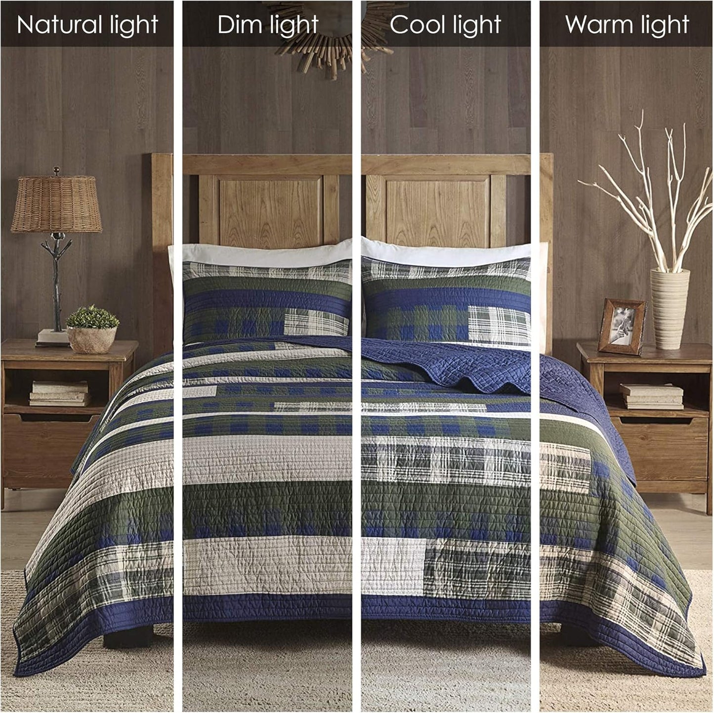 Woolrich Spruce Hill Reversible Quilt Set - Cottage Styling Reversed to Solid Color, All Season Lightweight Coverlet, Cozy Bedding Layer, Matching Shams, Oversized Full/Queen, Stripes Green 3 Piece