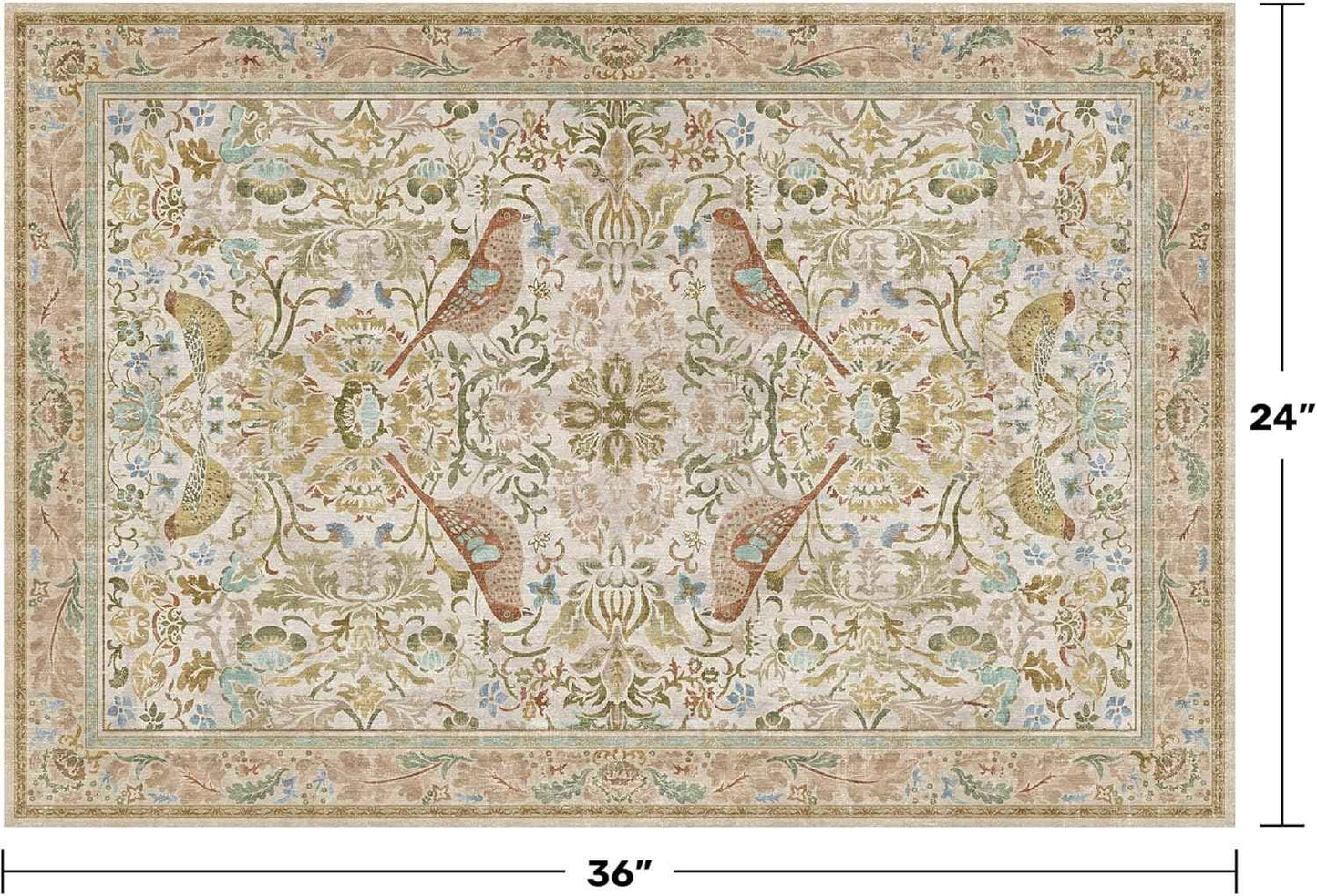 Beige Boho Bathroom Rugs 2x3 Washable Non Slip - Soft Low Pile Small Throw Rug for Entryway, Kitchen, Powder Room - Unique Farmhouse Bird & Pattern Botanical Decorative Door Mats