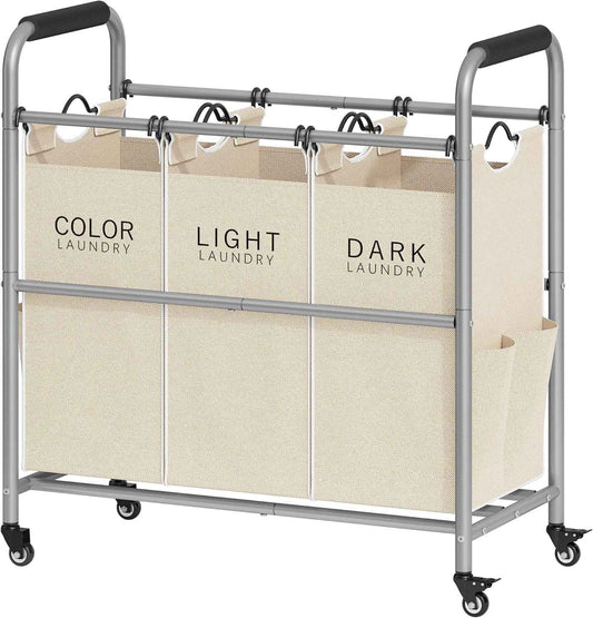 Tajsoon 3 Bag Laundry Sorter Cart, Laundry Hamper Sorter Basket with Heavy Duty Lockable Rolling Wheels for Clothes Storage, Beige