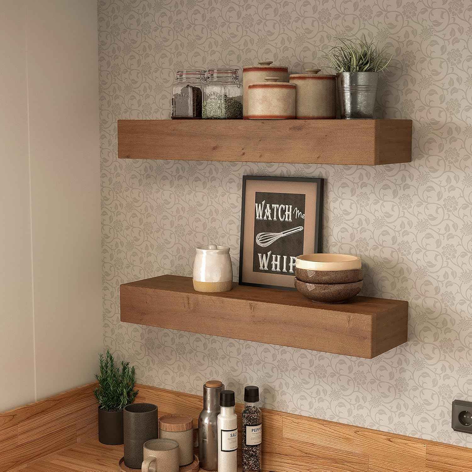 Wall Floating Shelves, Rustic Wood Wall Shelf Handmade (Light Walnut, 24 Inch - 2 Pack)