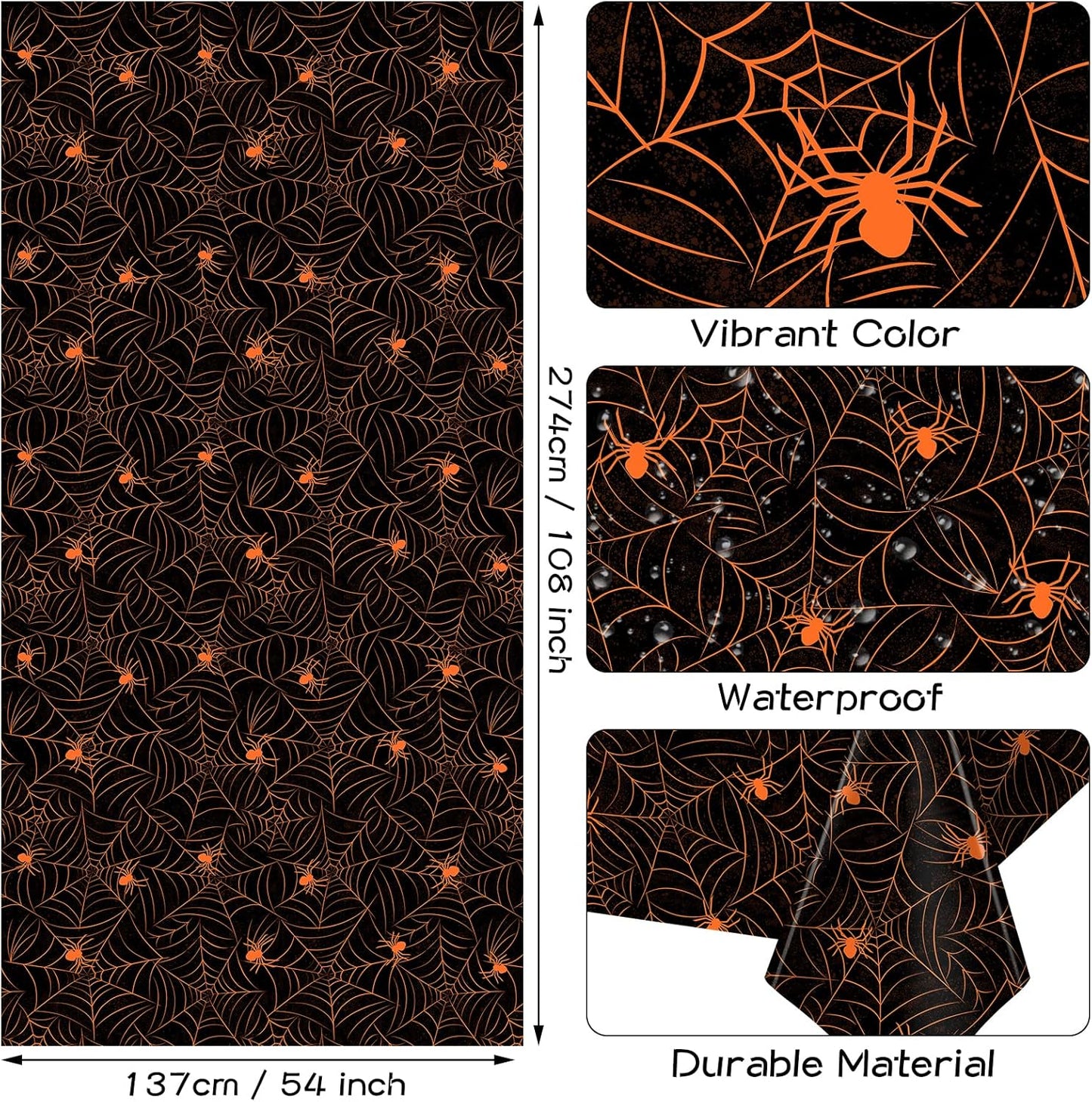 TREWAVE 3 Pack Halloween Spiderweb Tablecloth Rectangular Plastic Spider Web Table Cloth Large Size Table Covers for Home Decor Halloween Party Decorations 54" x 108" (Orange Spider)
