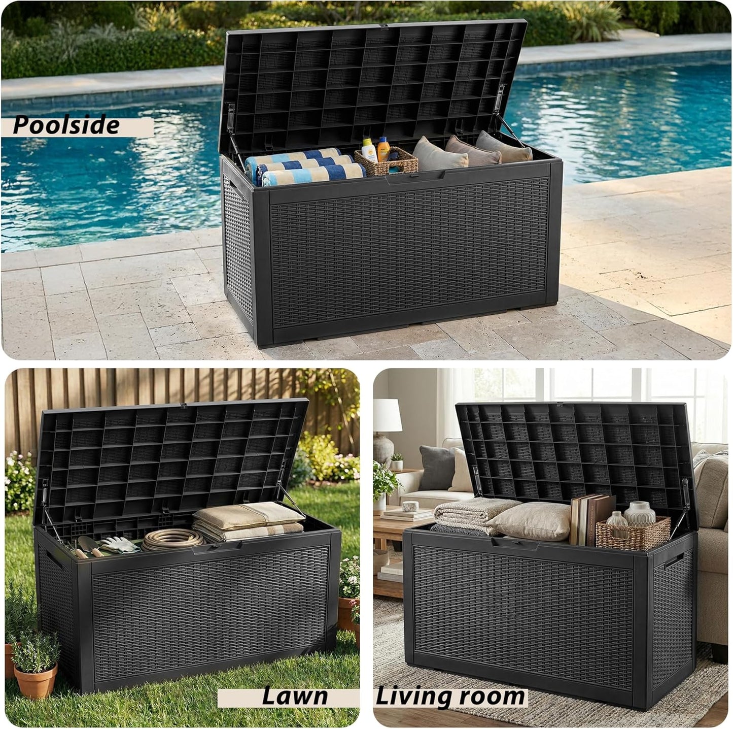Waterproof Outdoor Storage Box, 125 Gallon Lockable Deck Box, UV-Resistant Outside Storage Bin with Hydraulic Lid for Patio Furniture, Cushion Organizer, Garden Tool, Pool Accessories, Black