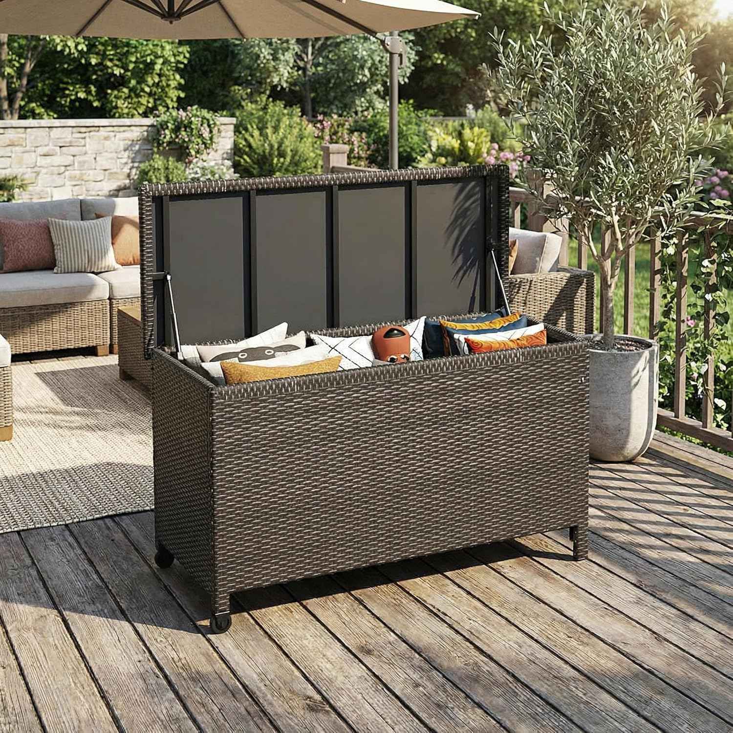Wicker Deck Box, 185 Gallon All-Weather Outdoor Storage Box, Rattan Storage Bin for Patio Furniture, Outdoor Cushions, Pool Storage and Garden Tools, Brown