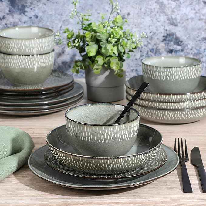 Gibson Elite Matisse 16-Piece Double Bowl Dinnerware Set, Service for 4 – Green Stoneware Plates and Bowls