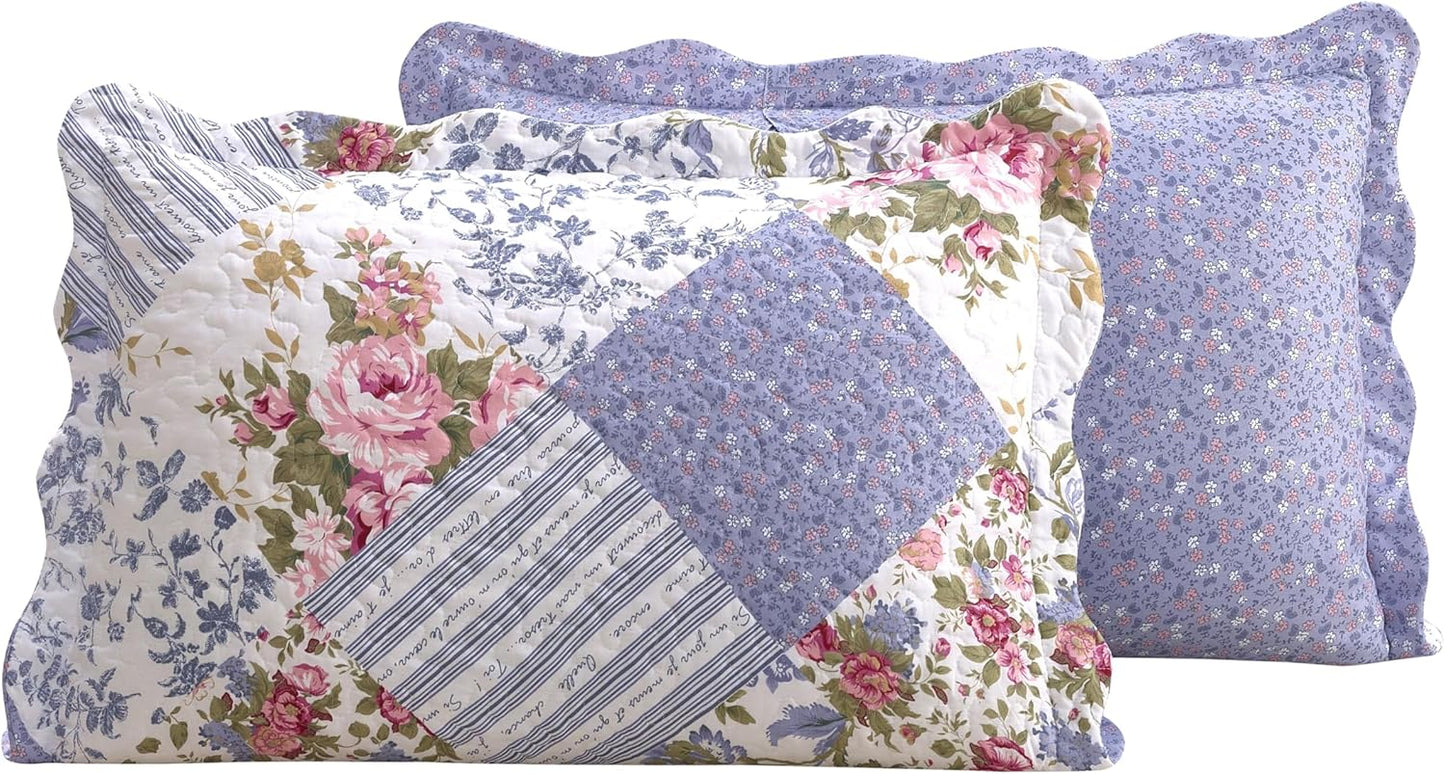 Brilliant Sunshine Rose Violet Patchwork, 3-Piece Quilt Set with 2 Shams, Reversible Bedspread, Soft Lightweight Coverlet, All-Season, Full/Queen, Rose Violet