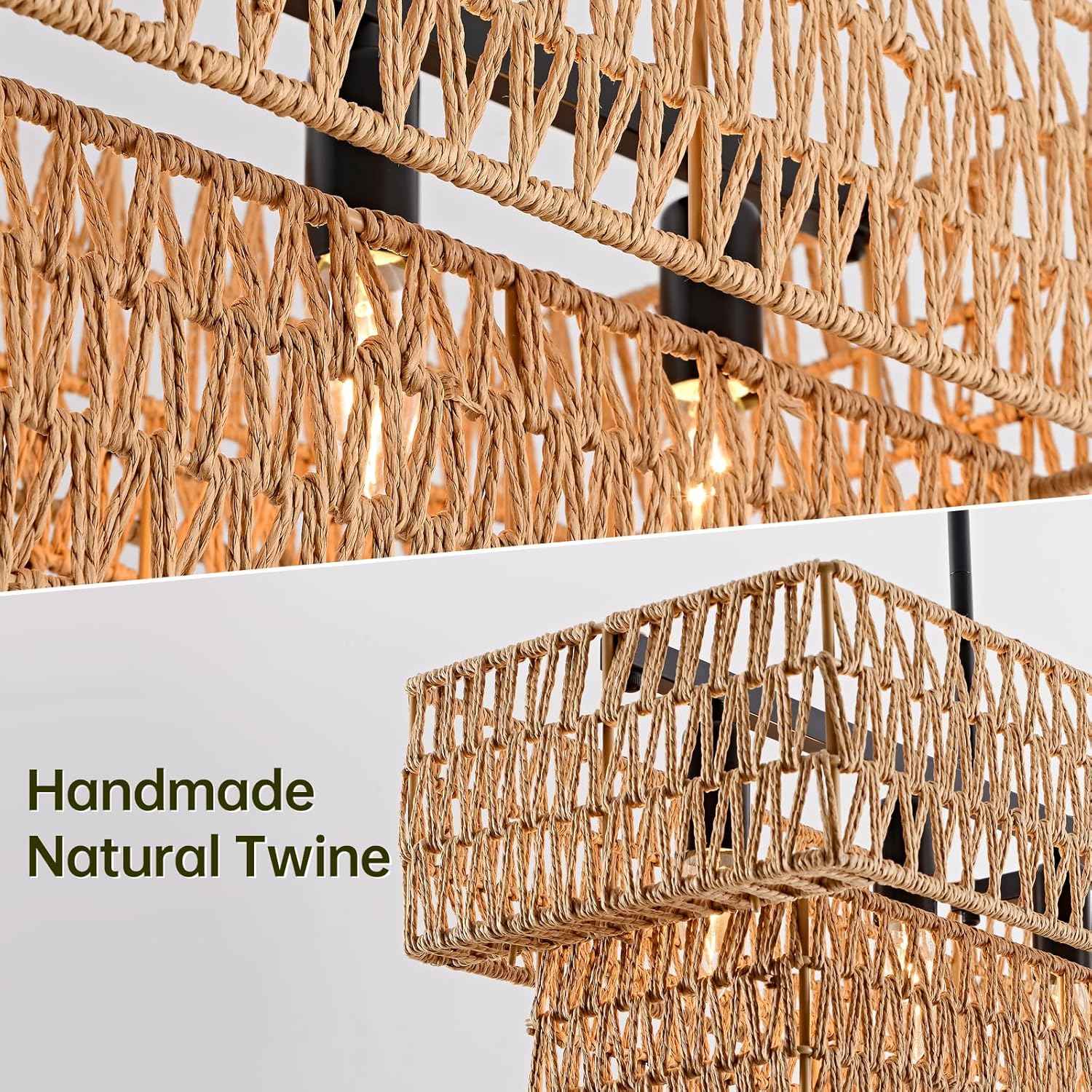 6-Light Boho Rattan Chandeliers for Dining Room, 2 Layer Large Linear Chandelier Rattan Pendant Light Fixture Farmhouse 34” Rectangle Chandelier for Kitchen Island Bar Living Room