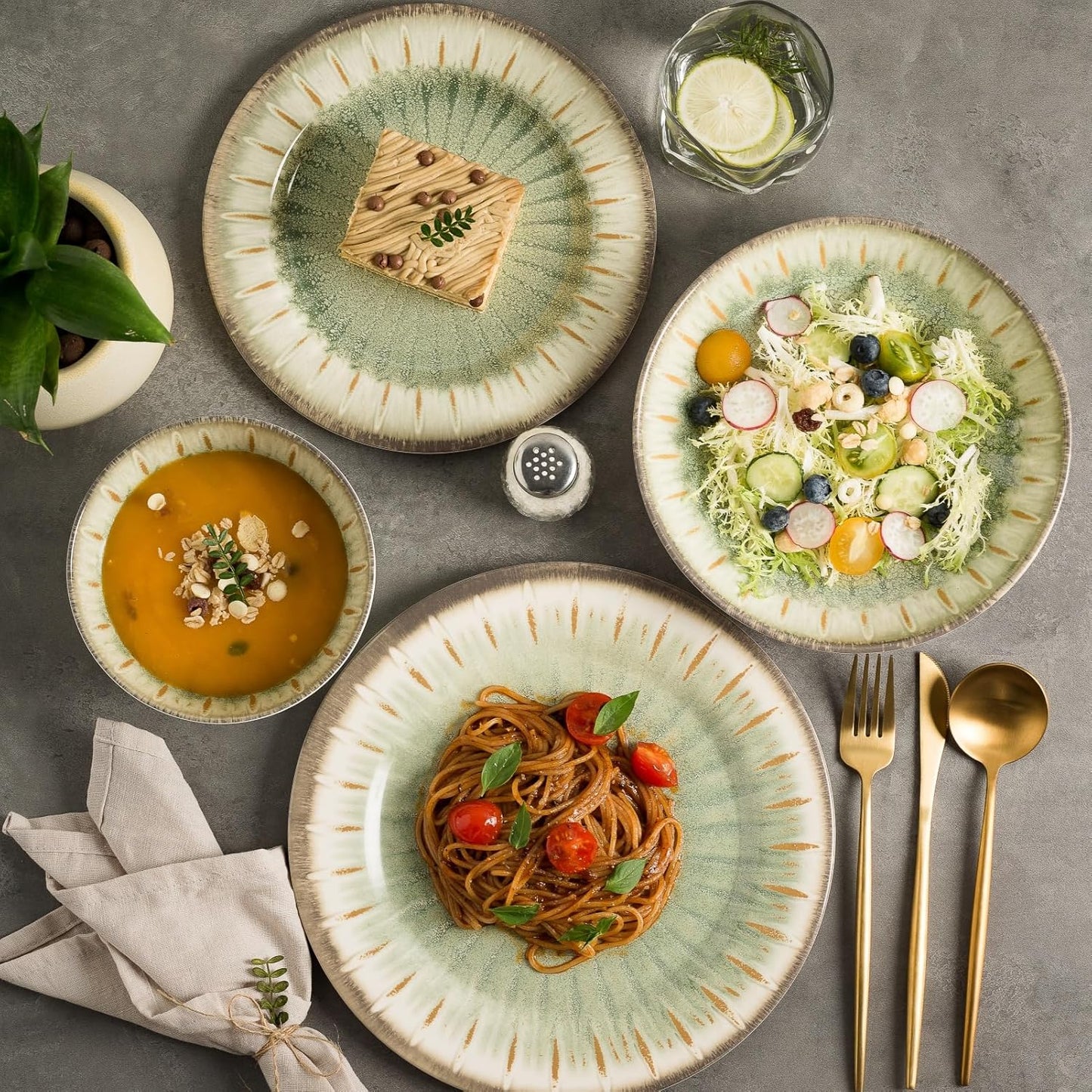 MissYip Melamine Dinnerware Set, 16 Piece for 4, Unbreakable Kitchen Plastic Plates and Bowls set, Indoor and Outdoor Use Tableware, BPA Free, Dishwasher Top Safe, Not Microwave, Not Oven(Green)