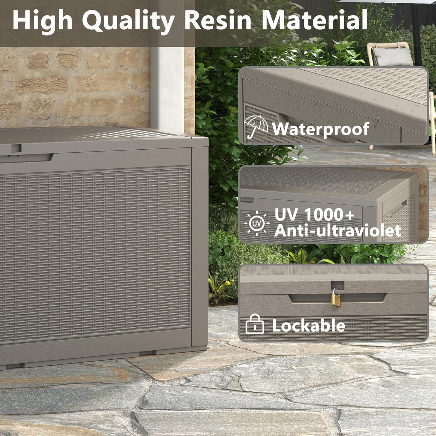 KAMABOKO 101 Gallon Waterproof Large Resin Deck Box, Lockable Large Outdoor Storage Boxes Indoor Outdoor Storage Container for Patio Cushions, Gardening Tools, Pool Supplies, Grey