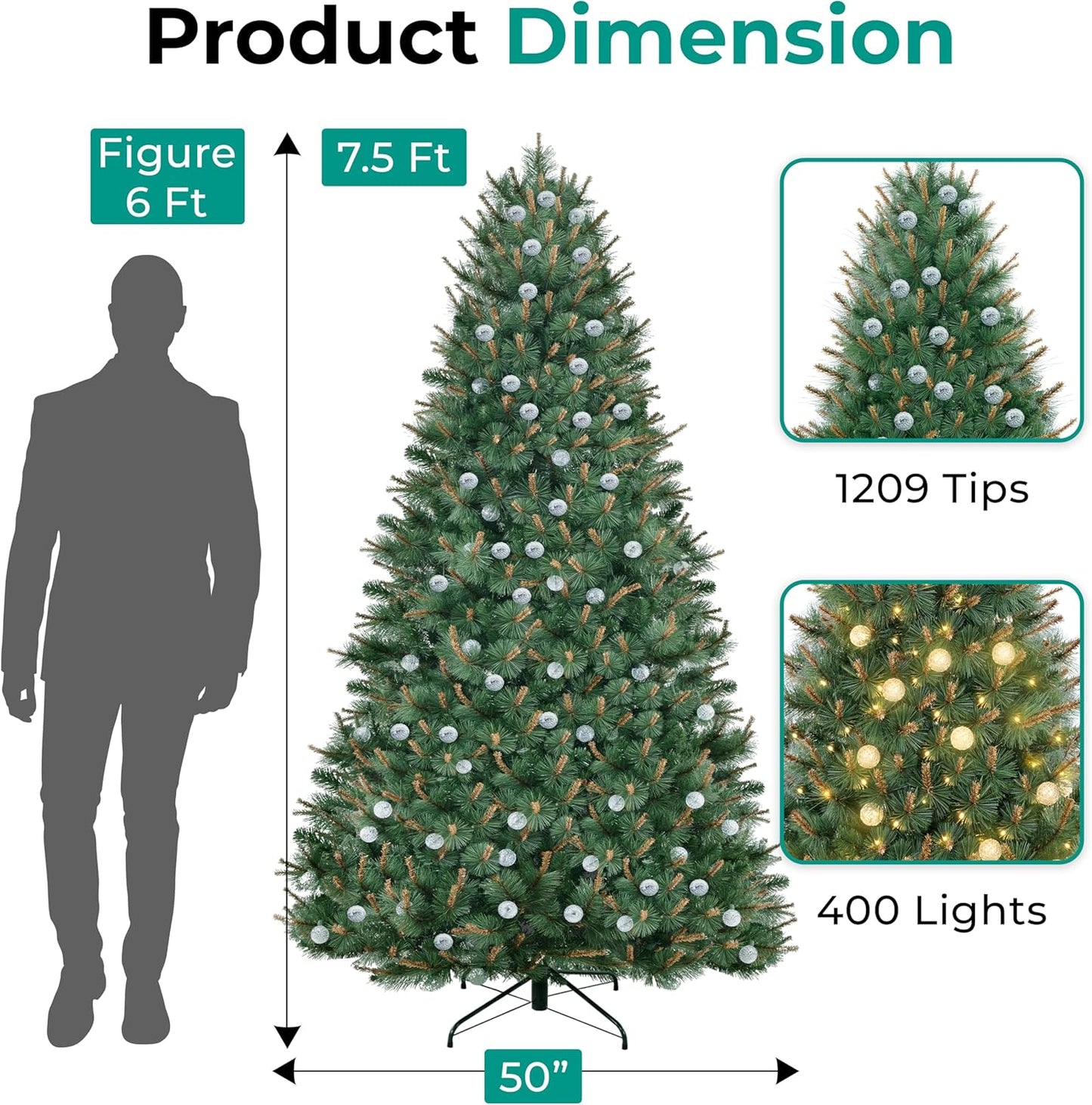 Selena 7.5ft Prelit Artificial Christmas Tree with 1209 Branch Tips, 400 Warm Lights and Metal Stand, 50" Wide Realistic Withered Christmas Tree with Lights by Naomi Home