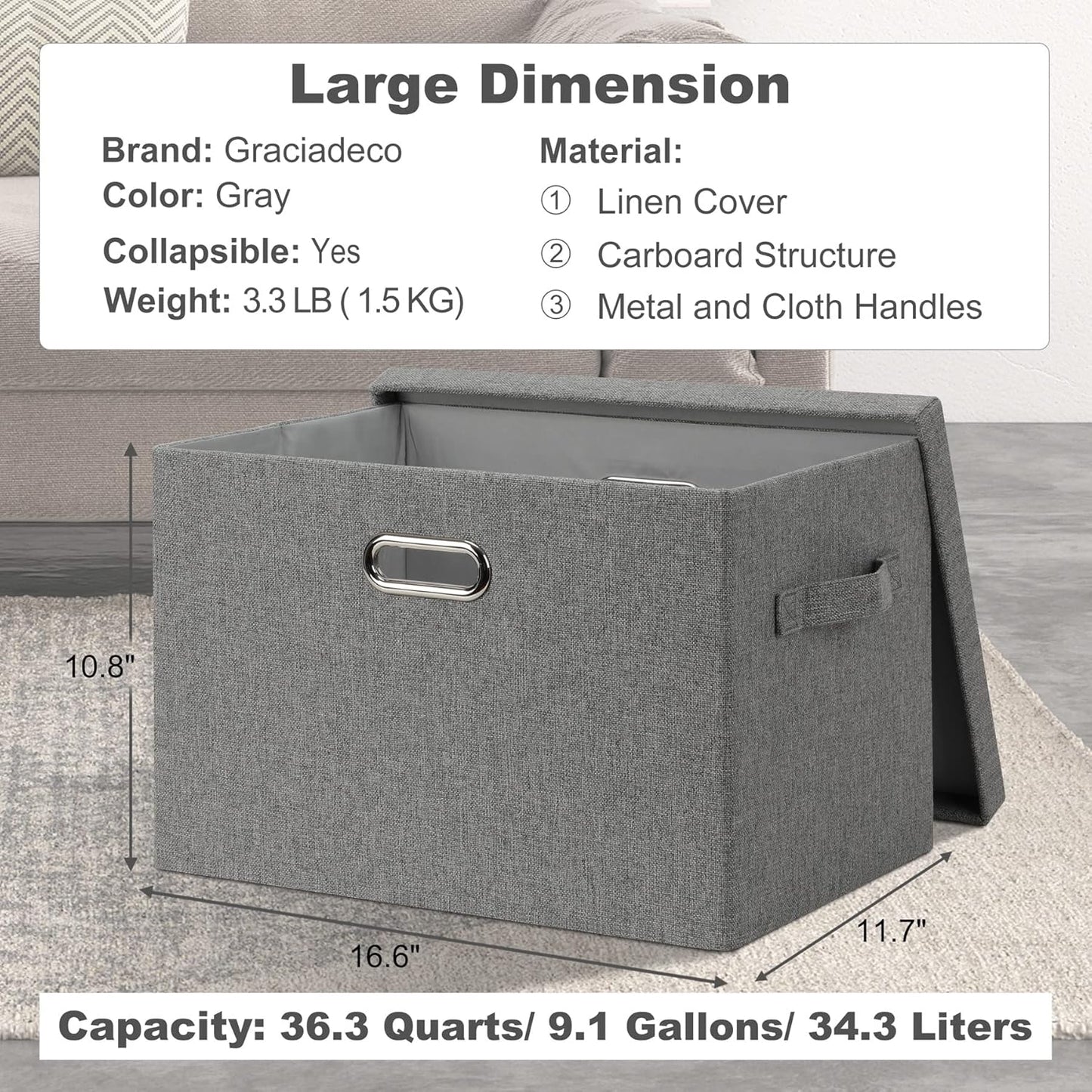 Large 17" 36 Quart Collapsible Stackable Storage Bins with Lids, 3 Packs Grey Linen Fabric Closet Boxes with Lids, Storage Cube Baskets Container Organizers for Bedroom Office(17 x12 x11)