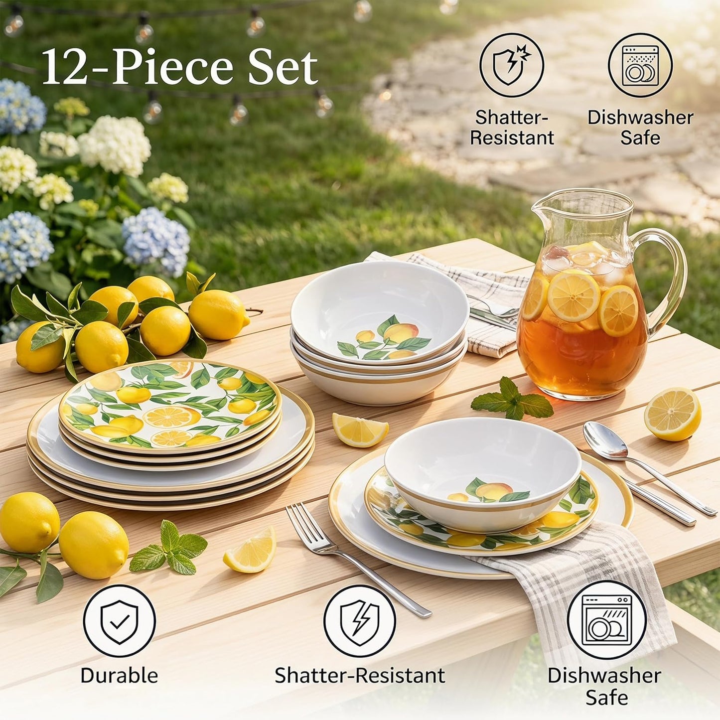 Melamine Dinnerware Sets- 12pcs Melamine Plates and Bowls Set for 4,Indoor and Outdoor Dinnerware, Lemon dinnerware set