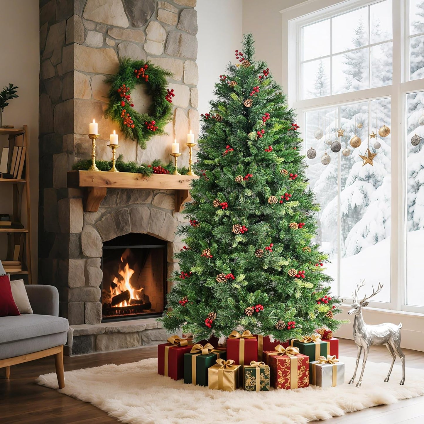 6 Ft Pre-lit Artificial Christmas Tree,Spruce Prelit Christmas Trees for Home,Office,Party Thickened PE&PVC Branch Tips & UL Listed Lights Incandescent Warm White,Fire-Resistant Automatic Branches