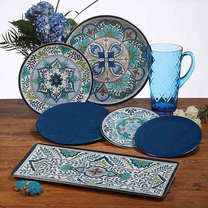 Talavera 3-Piece Melamine Hostess Serveware Set – Chip & Dip Server, 3-Section Relish Tray, and 19" Rectangular Platter – Colorful Southwest Serving Set for Entertaining & Outdoor Dining