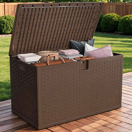 120 Gallon Outdoor Deck Box, Lockable Waterproof Outdoor Resin Box with Lid, Patio Storage Bin for Patio Furniture, Garden Tools, Pool Accessories - Brown