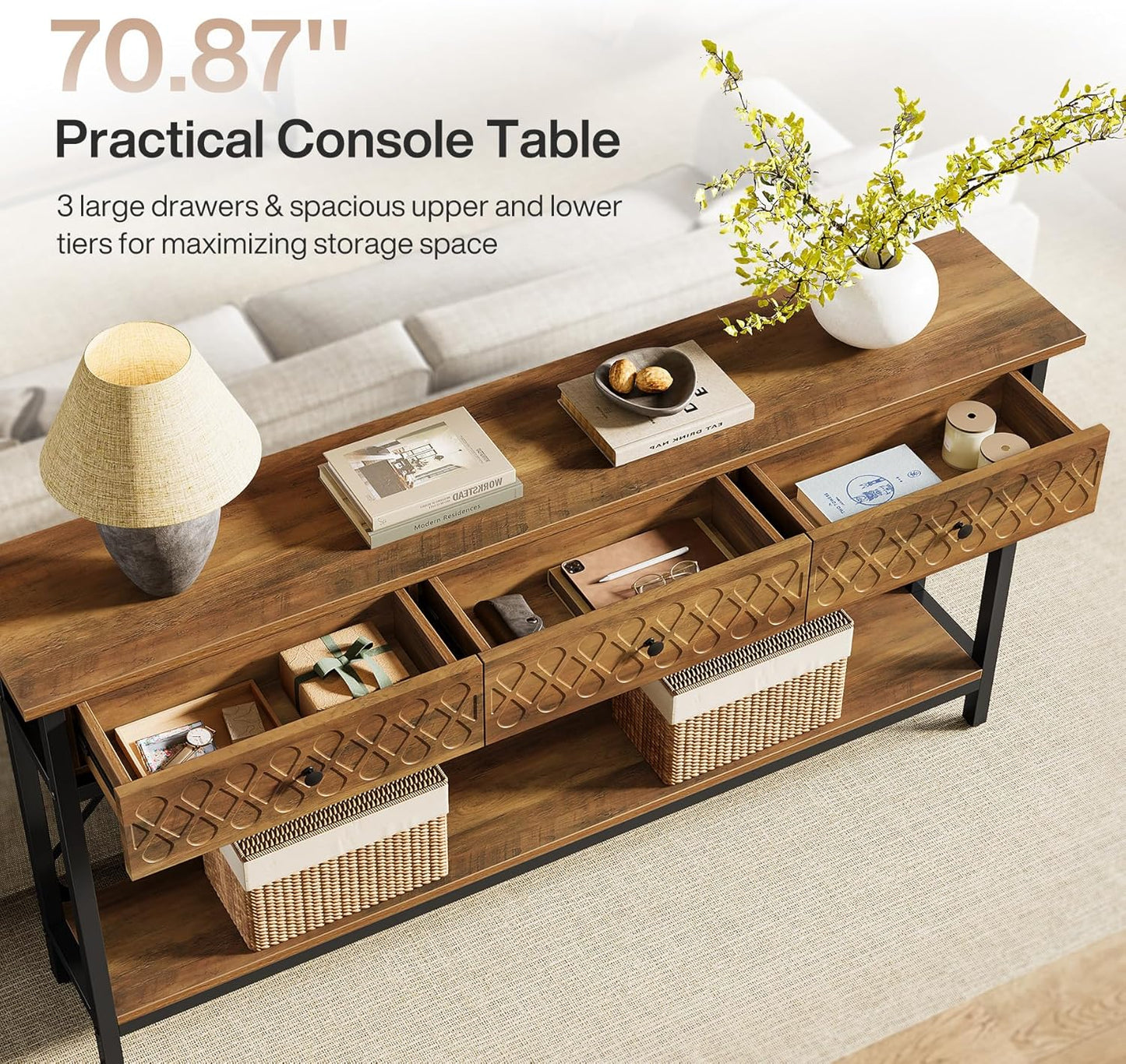 Tribesigns 70.86" Extra Long Console Sofa Table with 3 Drawers, Industrial 2-Tier Narrow Entryway Table Behind The Couch for Living Room, Entryway, Hallway