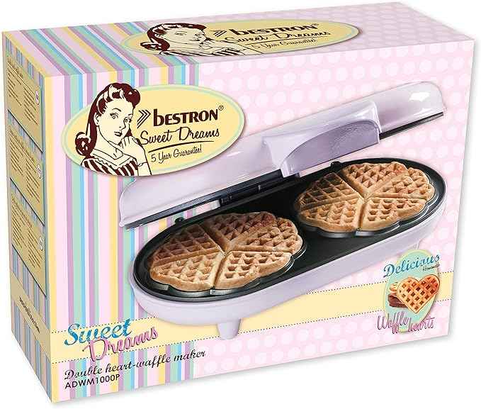 Bestron Double waffle maker for classic heart-shaped waffles, Waffle maker with non-stick coating, Sweet Dreams collection, Color: Pink