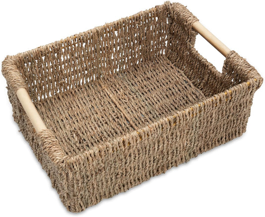 Natural Seagrass Storage Basket with Handle, Rectangular Woven Organizer Bin for Living Room or Shelf, Decorative Storage Basket, Medium Size 13.4 x 9.3 x 4.9 Inches