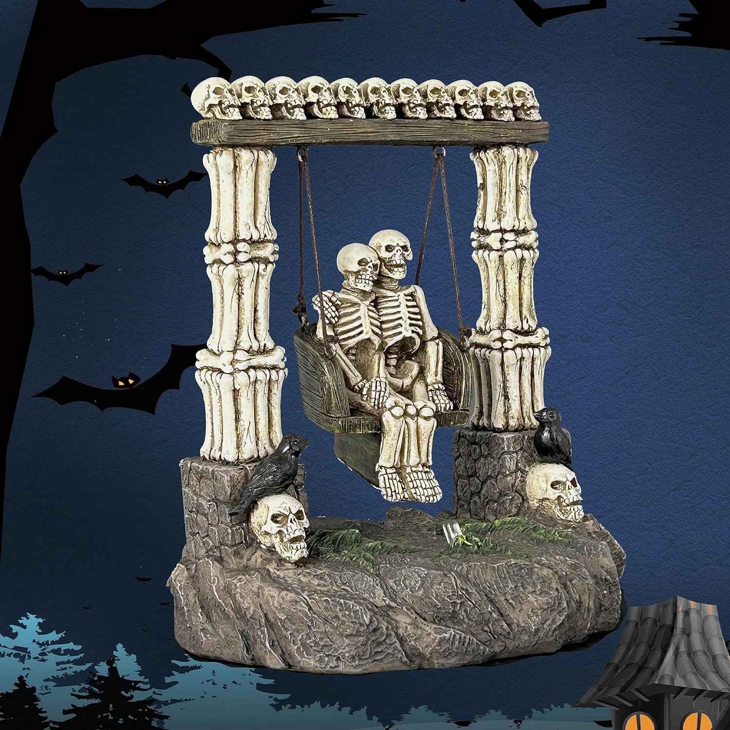 JORAE Swinging Skeleton Statue Couple on Light Up Color Changing LED Roman Pillars Skull Halloween Figurine Day of The Dead Collectible Home Decor, 6.7" H