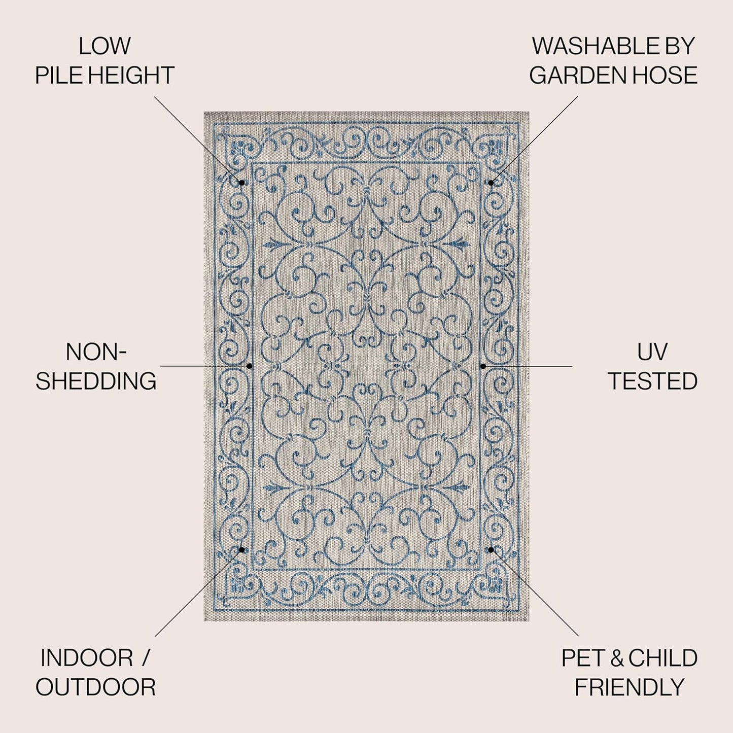 JONATHAN Y Vintage Filigree Indoor Outdoor Area Rug 4X6 Gray/Navy, Charleston Textured Weave for Backyard, Patio, Porch, Easy-Cleaning, High Traffic, Pet-Friendly, Non-Shedding (SMB106C-4)