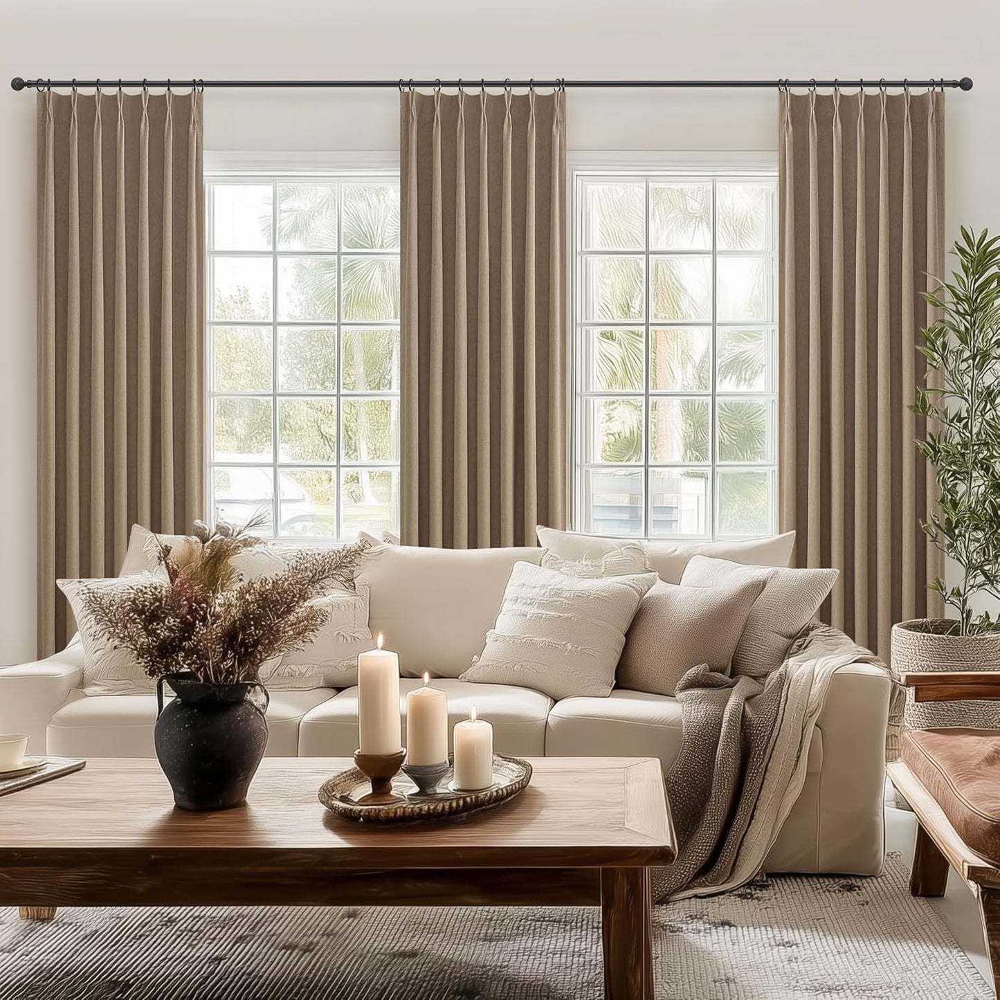 RustBrown Linen Pinch Pleated Blackout Curtains & Drapes 96 Inch Long Bedroom/Livingroom Farmhouse Curtains 2 Panel Sets, Neutral Track Room Darkening Thermal Insulated 8ft Back Tab Window Curtain