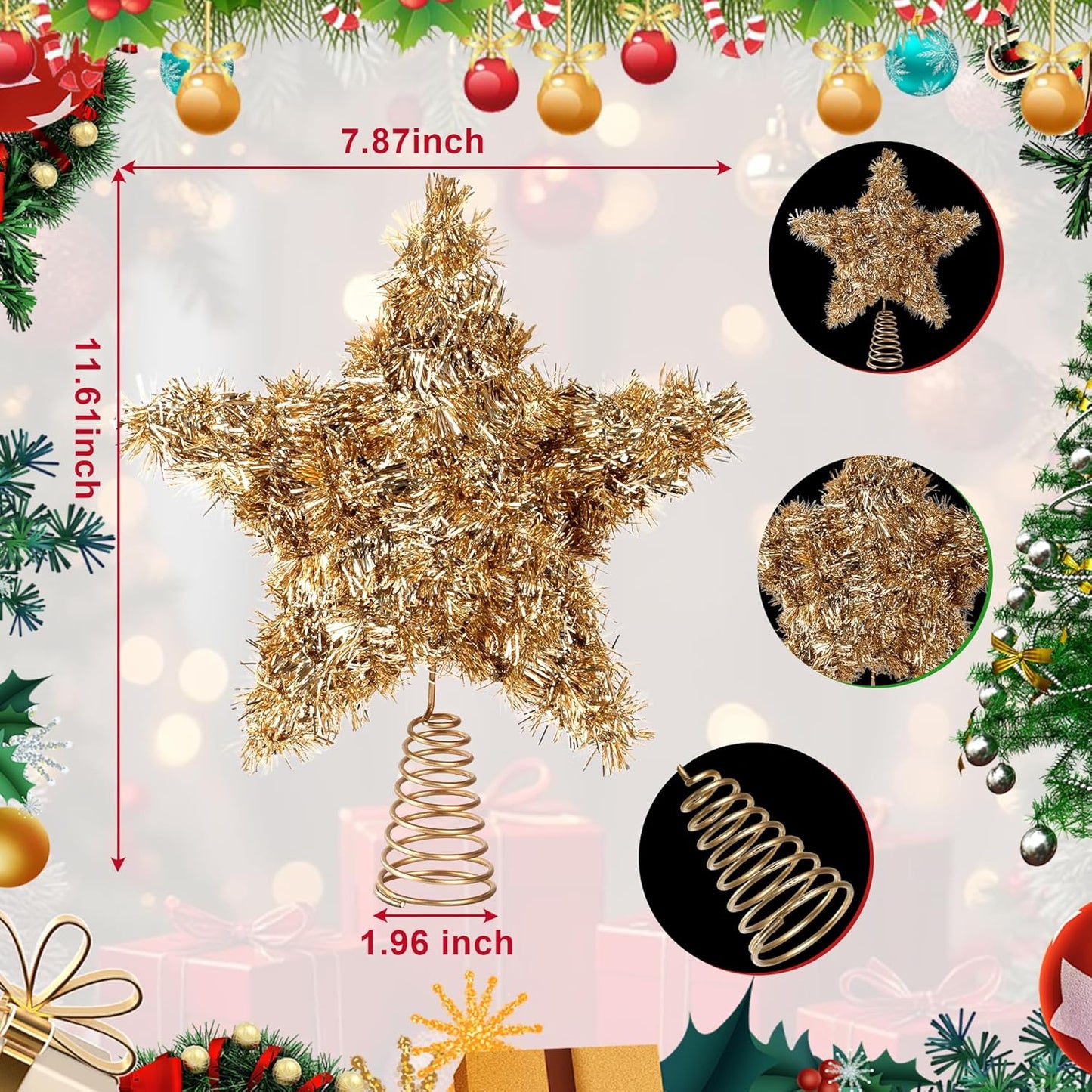 LAWOHO Christmas Tree Topper Star, Vintage Christmas Decor, 10 Inch Shiny Golden Christmas Tree Decoration with 6H Timer, 50 Warm LED Lights for Xmas Tree, Holiday & Party, Indoor Decor