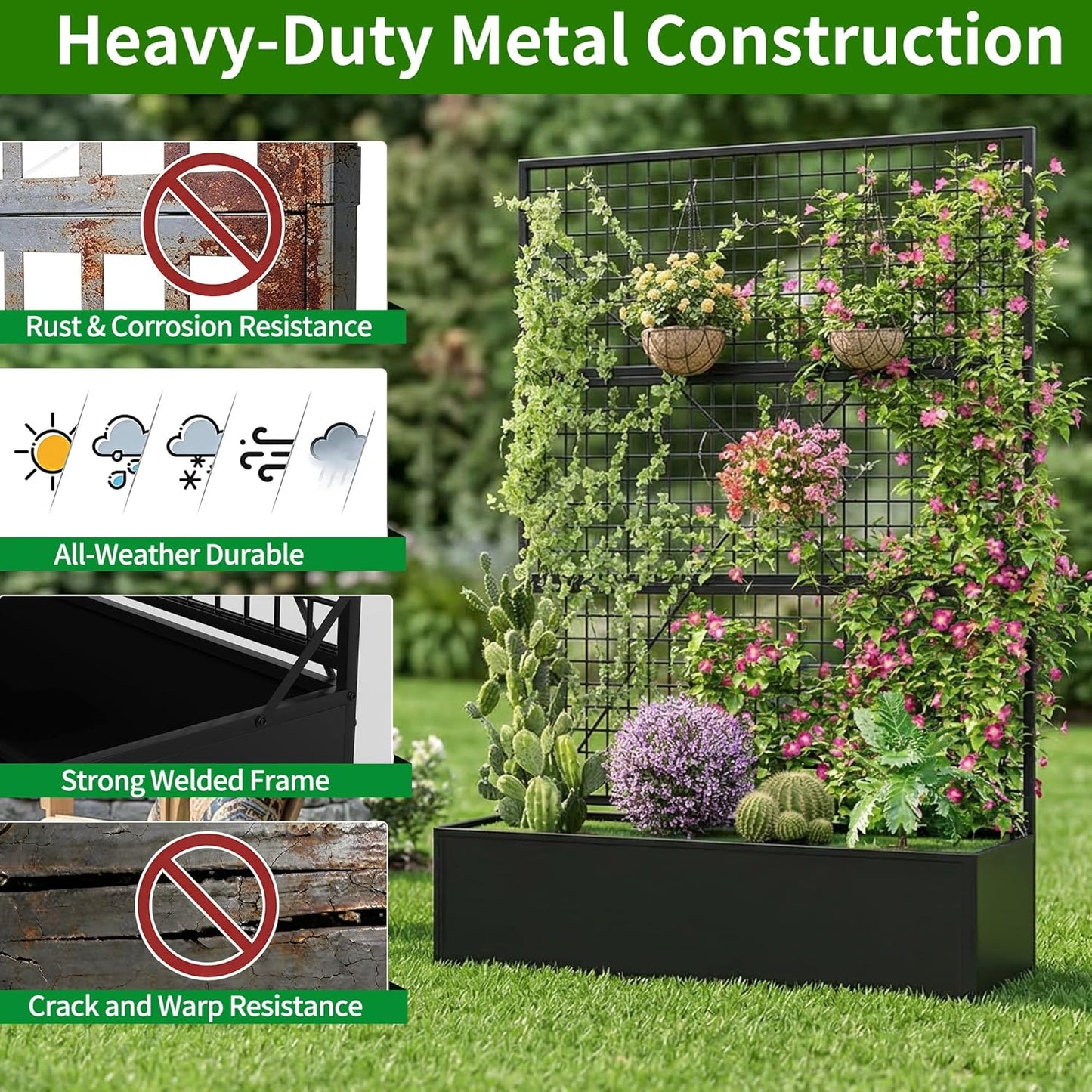 Privacy Planters for Patio – Metal Raised Garden Bed with Trellis and Privacy Screen, 71"×47.2"×16" Planter Box with Drainage Holes for Climbing Plants, Vegetables, and Vines, Outdoor Backyard Black