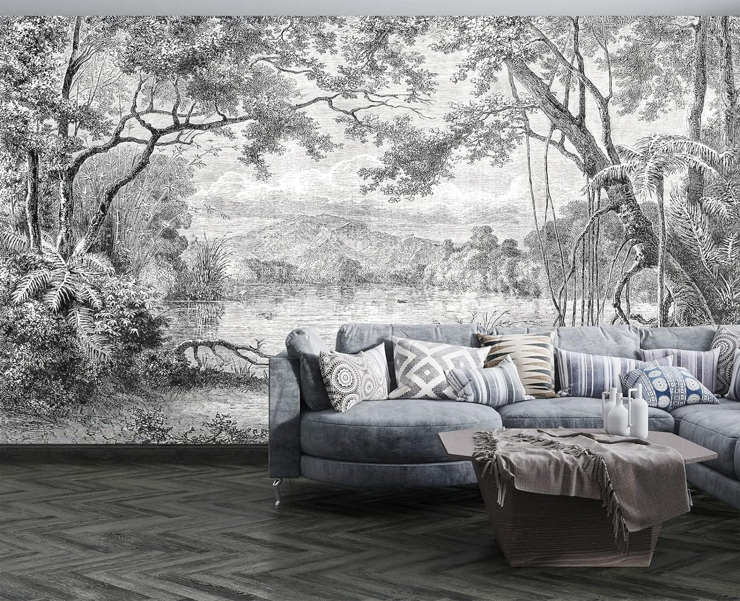 Black and White Tropical Rainforest Wall Mural Wallpaper for Bedroom 137" x 100"
