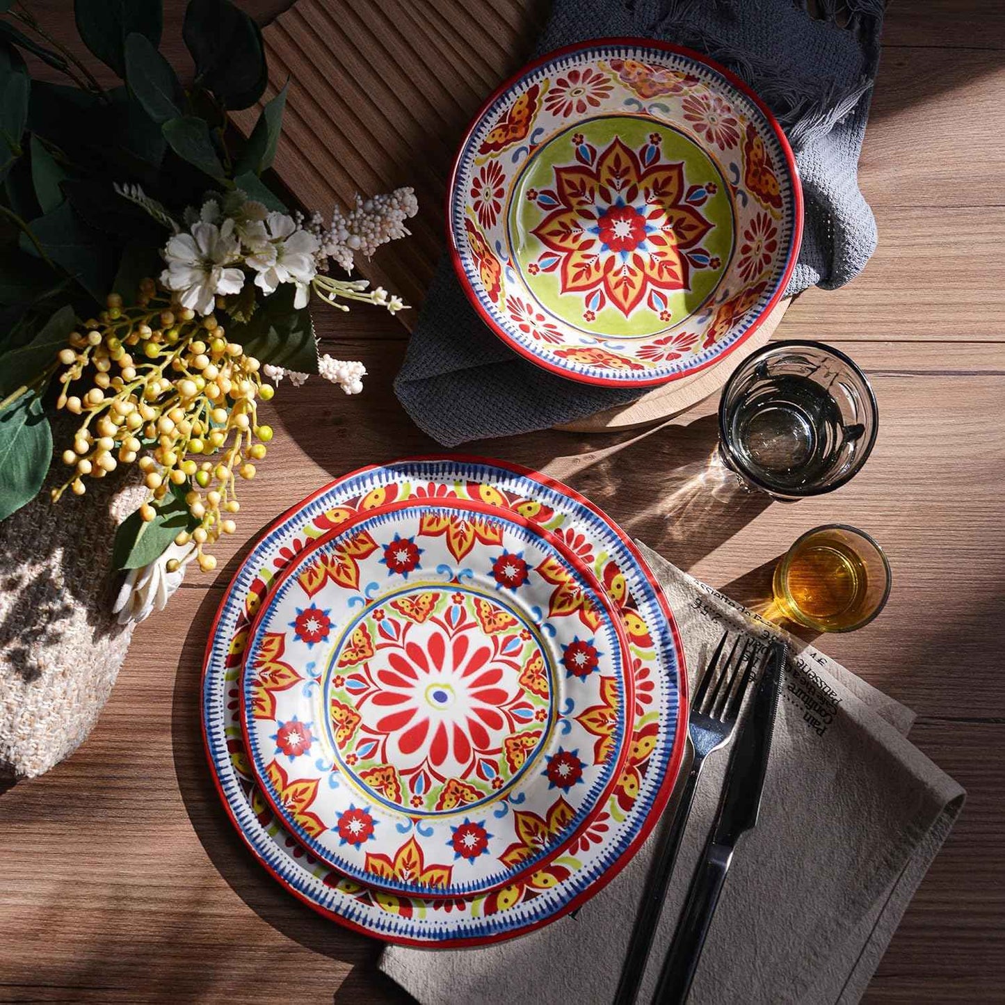 Premium Melamine Dinnerware Sets for 4, 12-Piece Plates and Bowls Sets, Shatterproof & Lightweight Dish Set for Indoor and Outdoor Use, Dishwasher Safe, Boho Red
