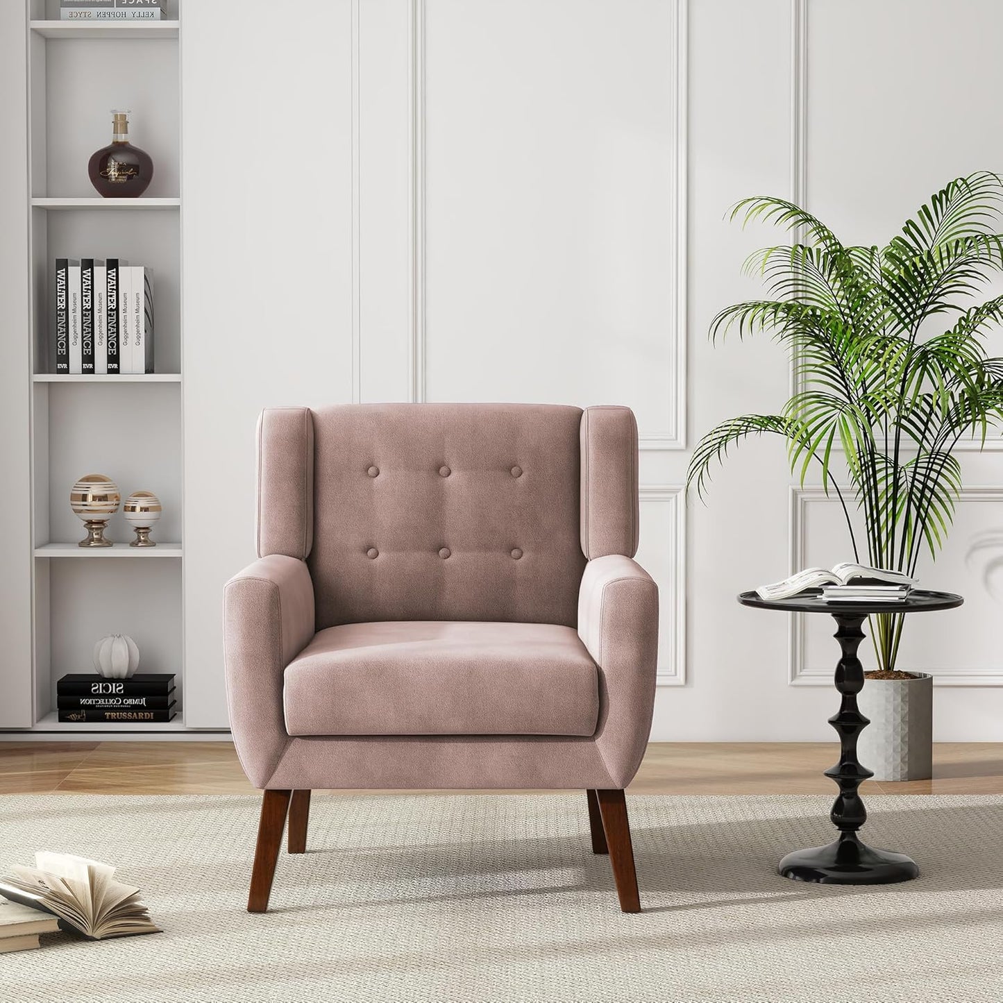 UIXE Accent Chair, Velvet Upholstered Armchair for Living Room, Modern Club Arm Chairs Comfy Single Sofa Button Tufted Bedroom Reading Seat - Skin Pink, Set of 1